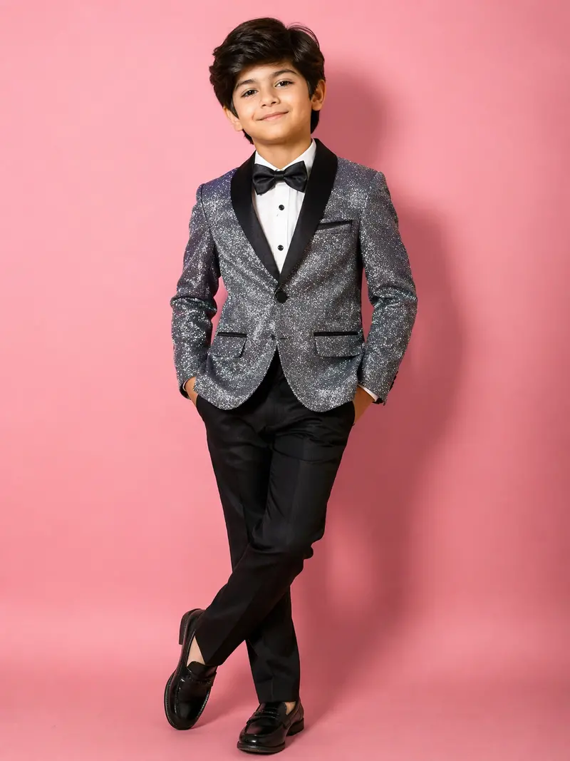 Silver Shimmer Tuxedo Full Sleeve Blazer For Boys 1