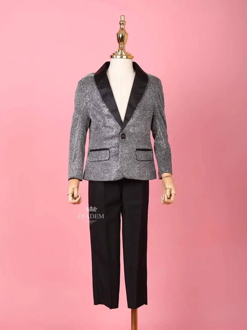 Silver Shimmer Tuxedo Full Sleeve Blazer For Boys 1
