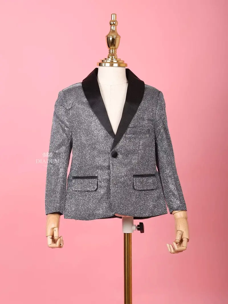 Silver Shimmer Tuxedo Full Sleeve Blazer For Boys 2