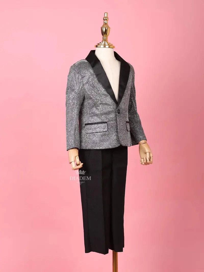 Silver Shimmer Tuxedo Full Sleeve Blazer For Boys 2