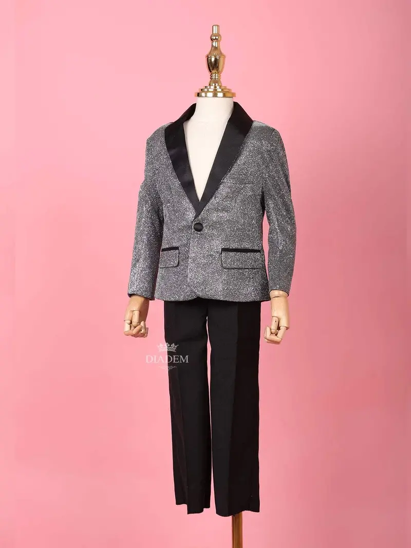Silver Shimmer Tuxedo Full Sleeve Blazer For Boys 3