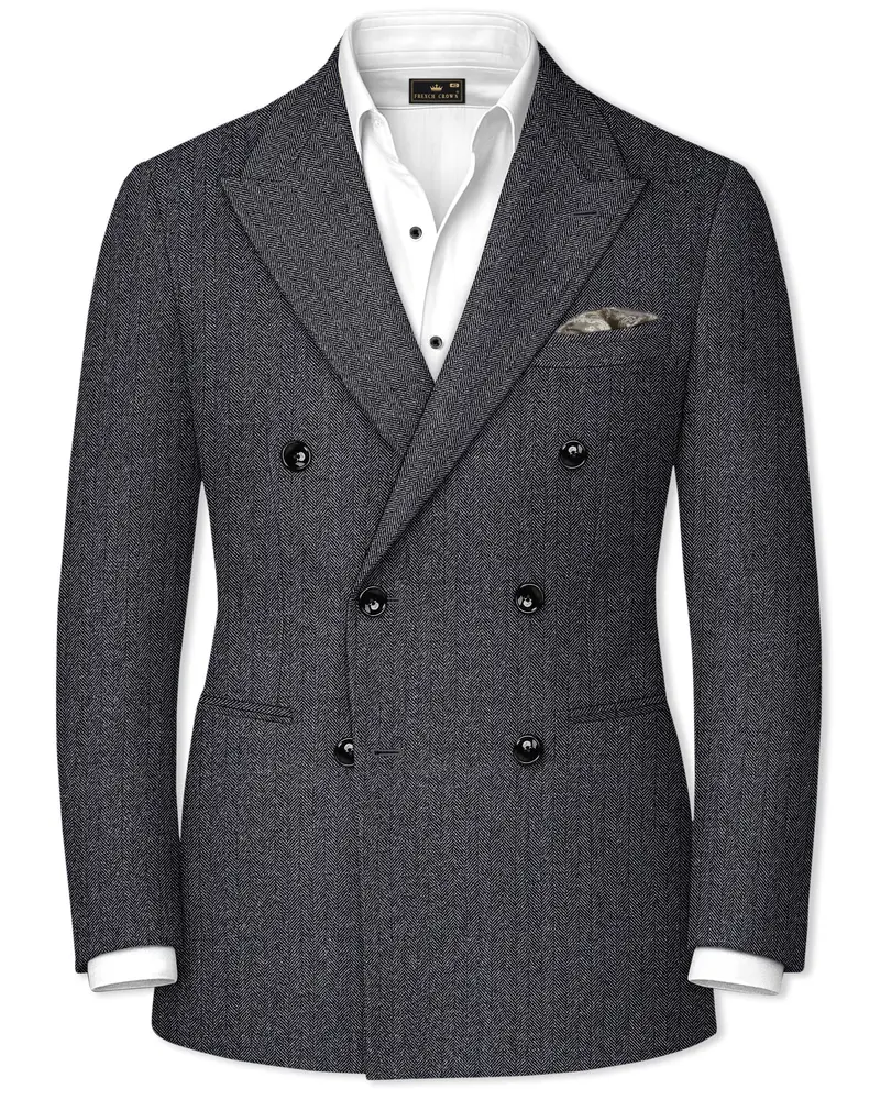 Silvoro-Iridium Gray Herringbone Textured Tweed Double Breasted Blazer 1