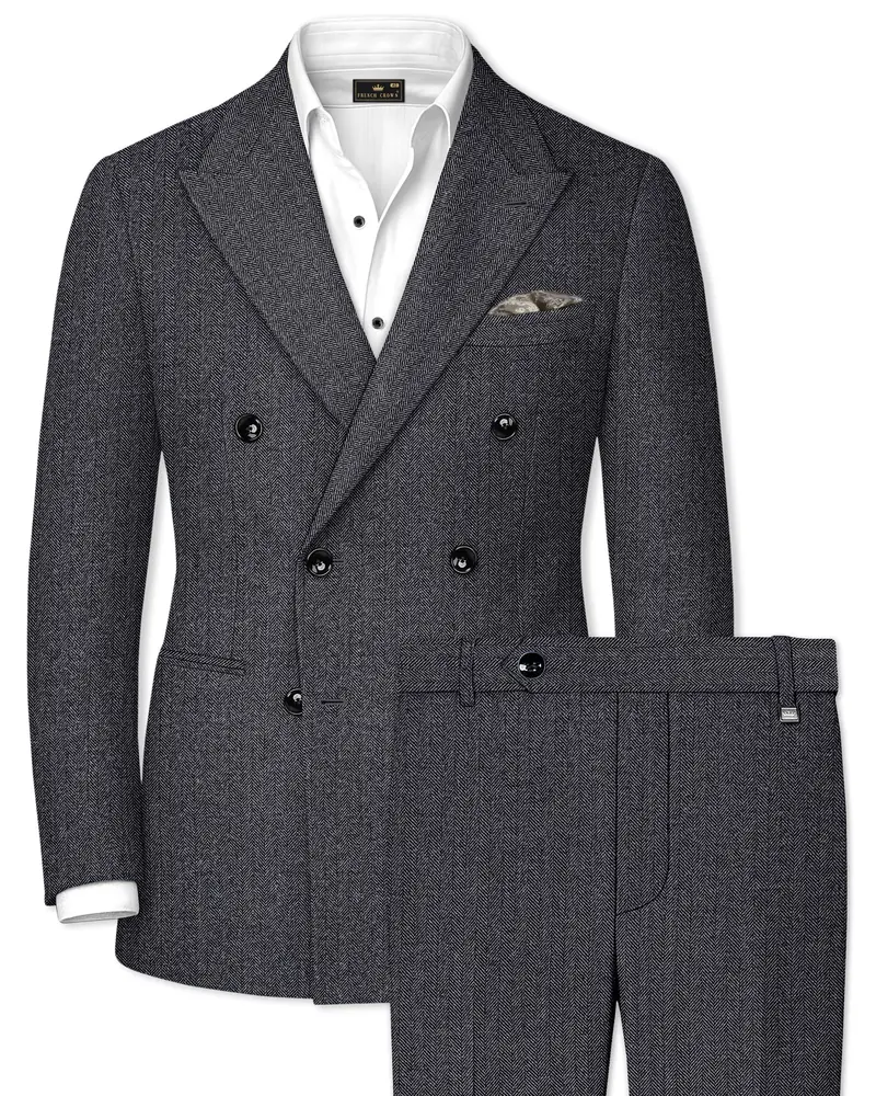 Silvoro-Iridium Gray Herringbone Textured Tweed Double Breasted Suit 1