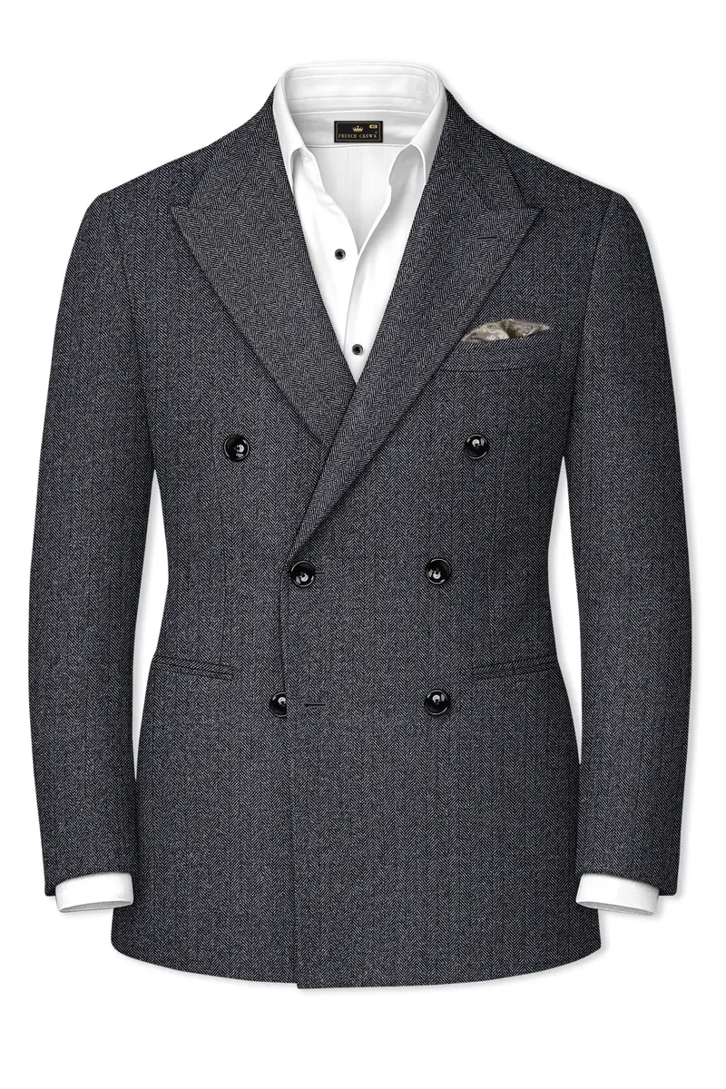 Silvoro-Iridium Gray Herringbone Textured Tweed Double Breasted Suit 10