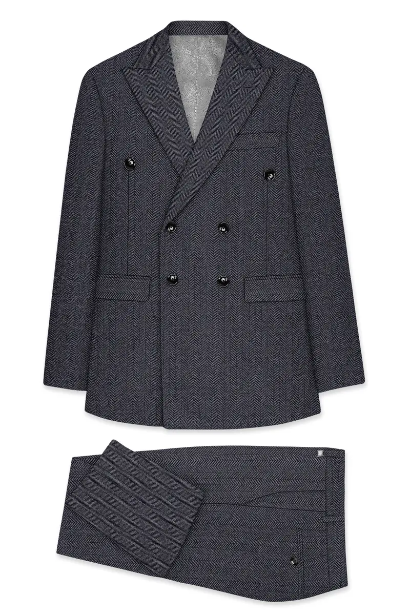 Silvoro-Iridium Gray Herringbone Textured Tweed Double Breasted Suit 11