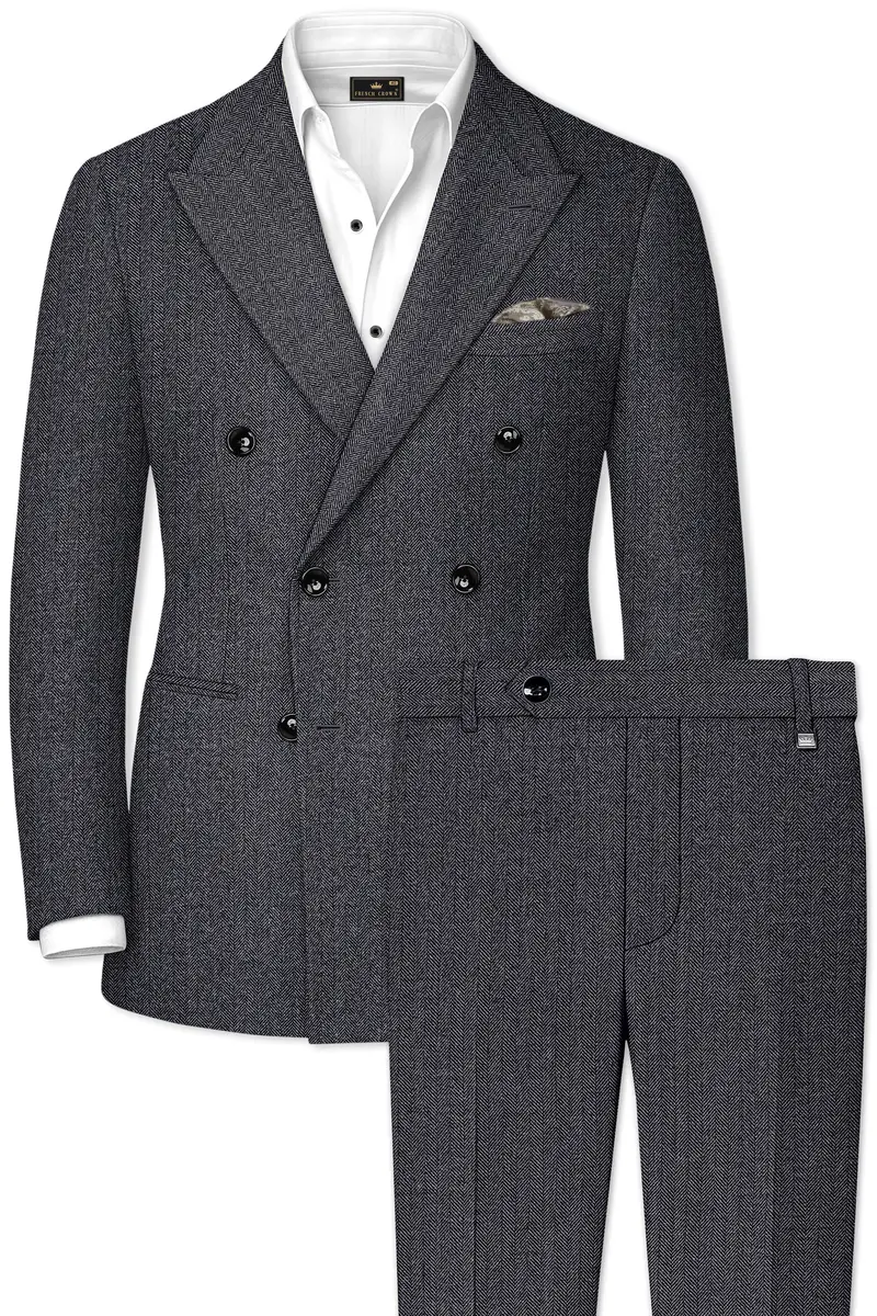 Silvoro-Iridium Gray Herringbone Textured Tweed Double Breasted Suit 2