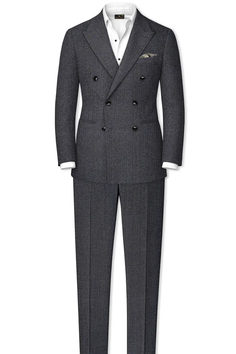 Silvoro-Iridium Gray Herringbone Textured Tweed Double Breasted Suit 4