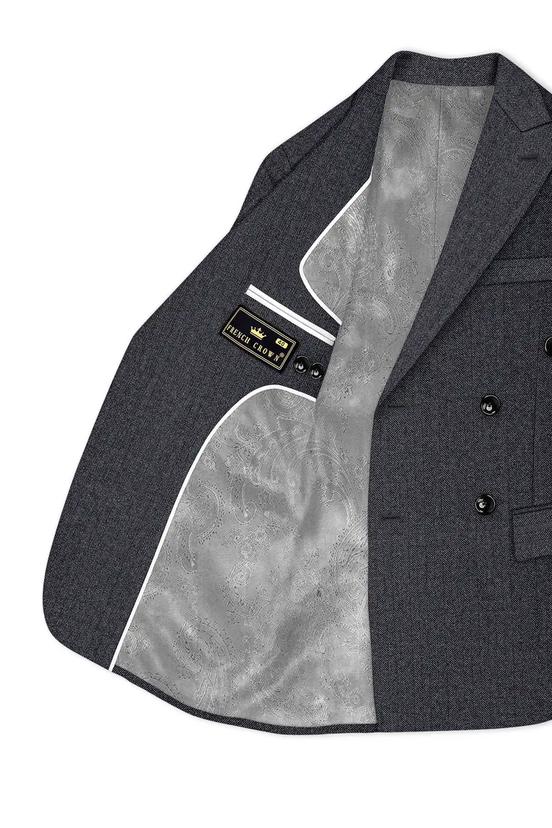 Silvoro-Iridium Gray Herringbone Textured Tweed Double Breasted Suit 6