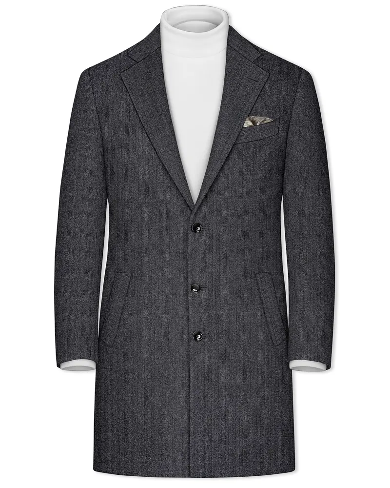 Silvoro-Iridium Gray Herringbone Textured Tweed Single Breasted Overcoat 1