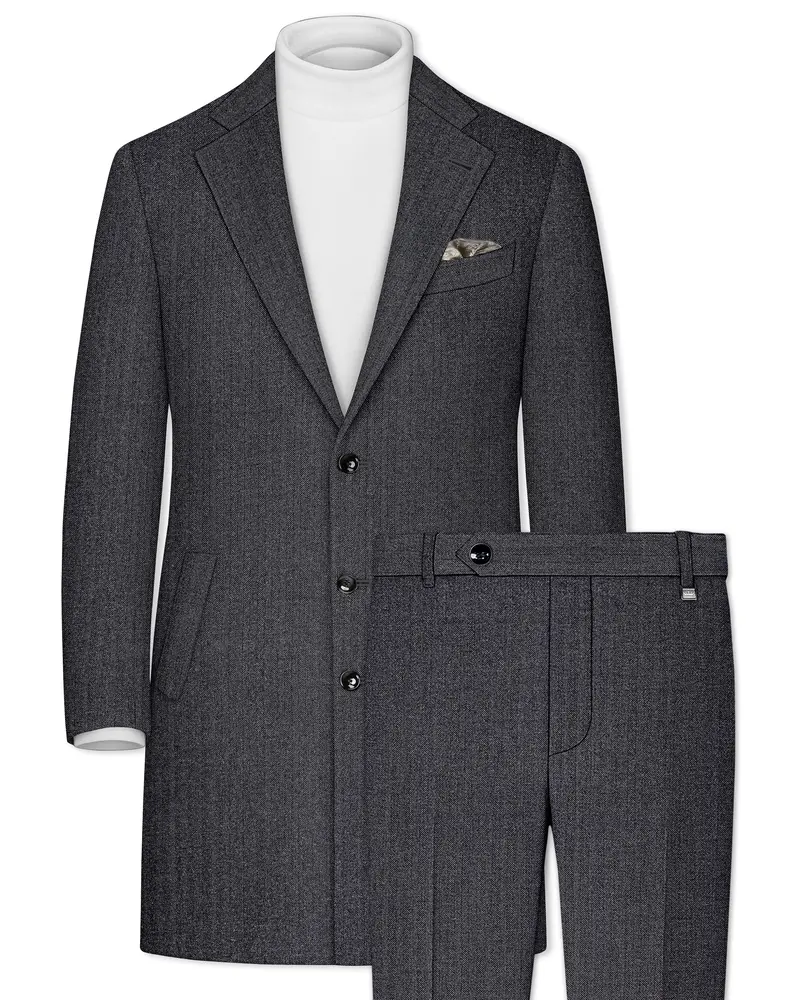 Silvoro-Iridium Gray Herringbone Textured Tweed Single Breasted Overcoat With Pant 1