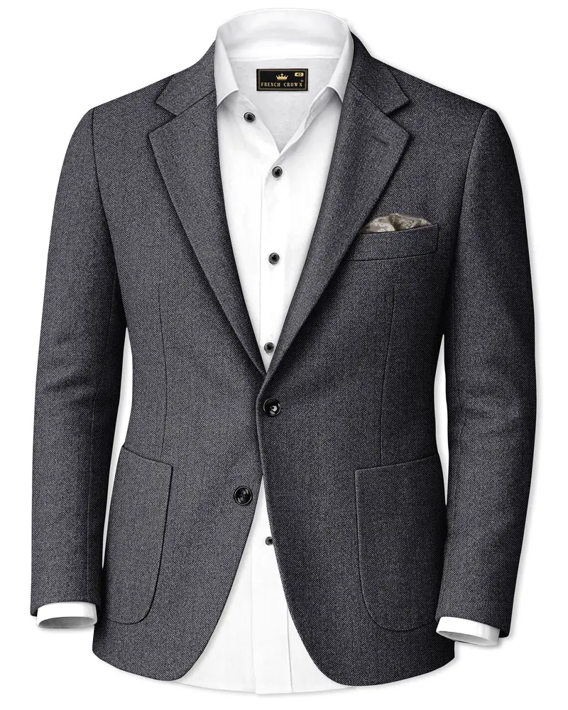 Silvoro-Iridium Gray Herringbone Textured Tweed Single Breasted Sports Blazer 1
