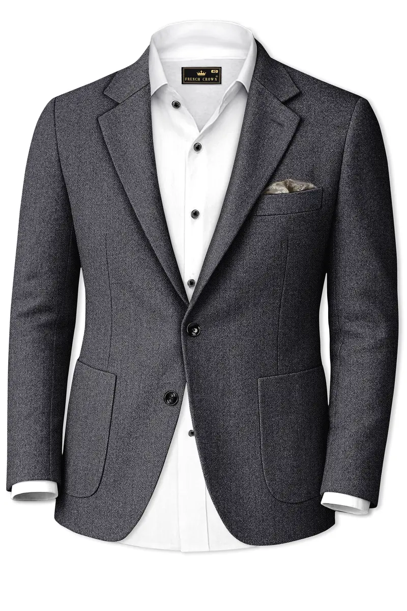 Silvoro-Iridium Gray Herringbone Textured Tweed Single Breasted Sports Blazer 2
