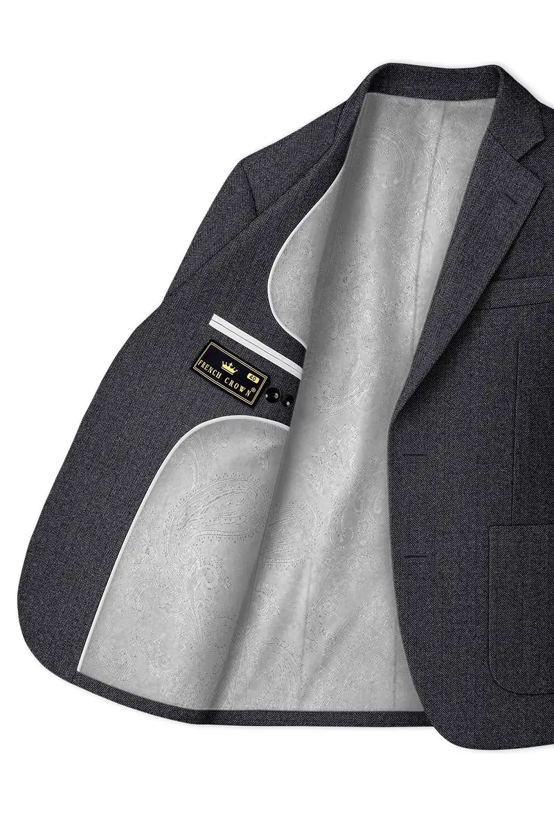 Silvoro-Iridium Gray Herringbone Textured Tweed Single Breasted Sports Blazer 5