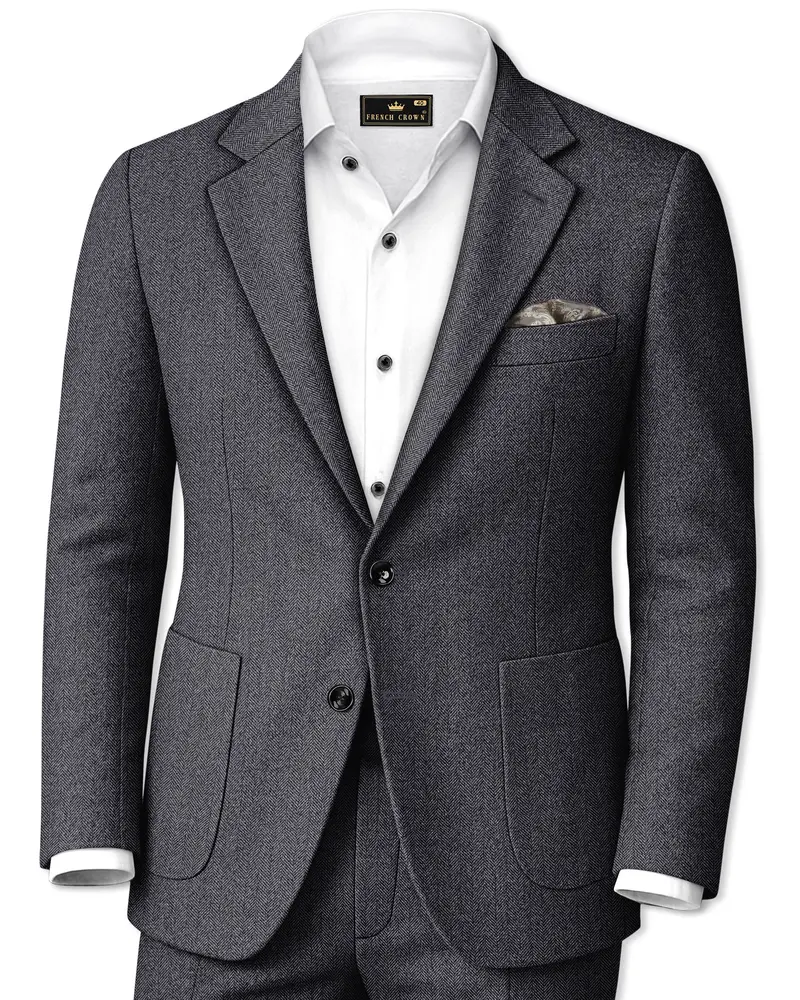 Silvoro-Iridium Gray Herringbone Textured Tweed Single Breasted Sports Suit 1