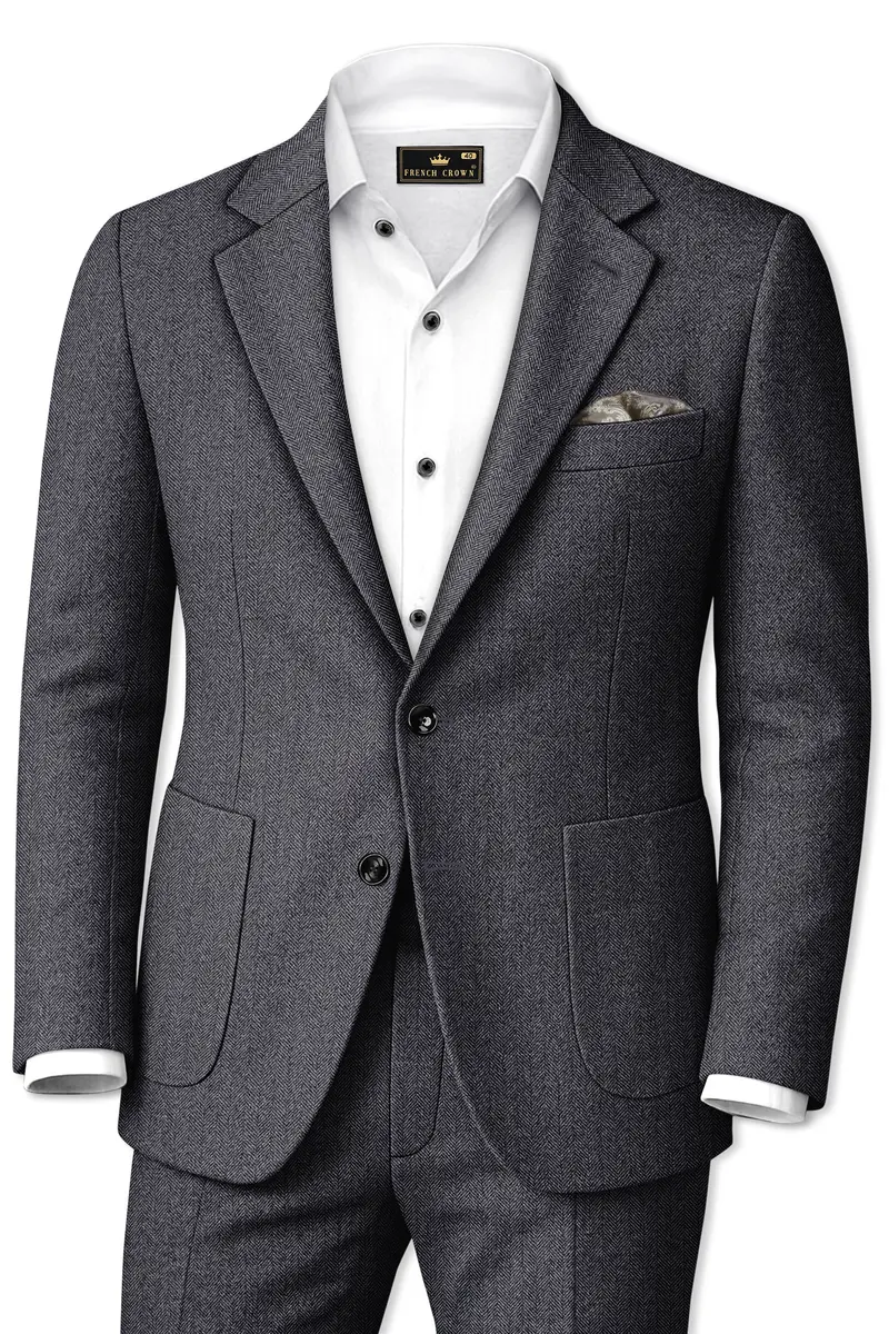 Silvoro-Iridium Gray Herringbone Textured Tweed Single Breasted Sports Suit 2