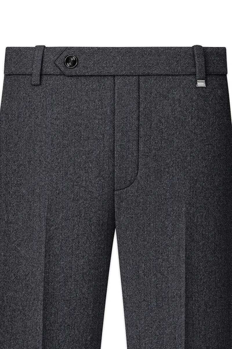 Silvoro-Iridium Gray Herringbone Textured Tweed Stretchable Waistband Pant 4