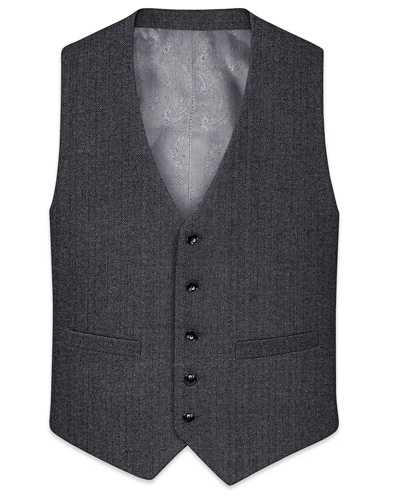 Silvoro-Iridium Gray Herringbone Textured Tweed Waistcoat 1