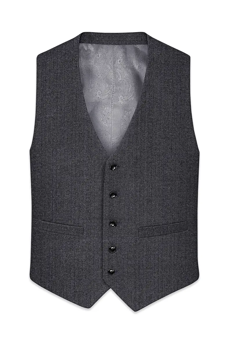 Silvoro-Iridium Gray Herringbone Textured Tweed Waistcoat 2
