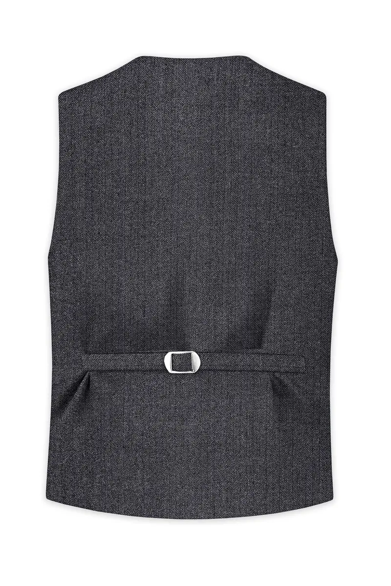 Silvoro-Iridium Gray Herringbone Textured Tweed Waistcoat 4