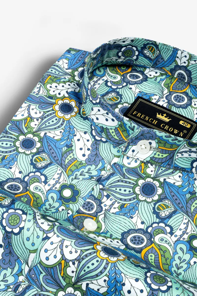 Sinbad Blue Multicolor Floral Printed Subtle Sheen Super Soft Premium Cotton Shirt 1
