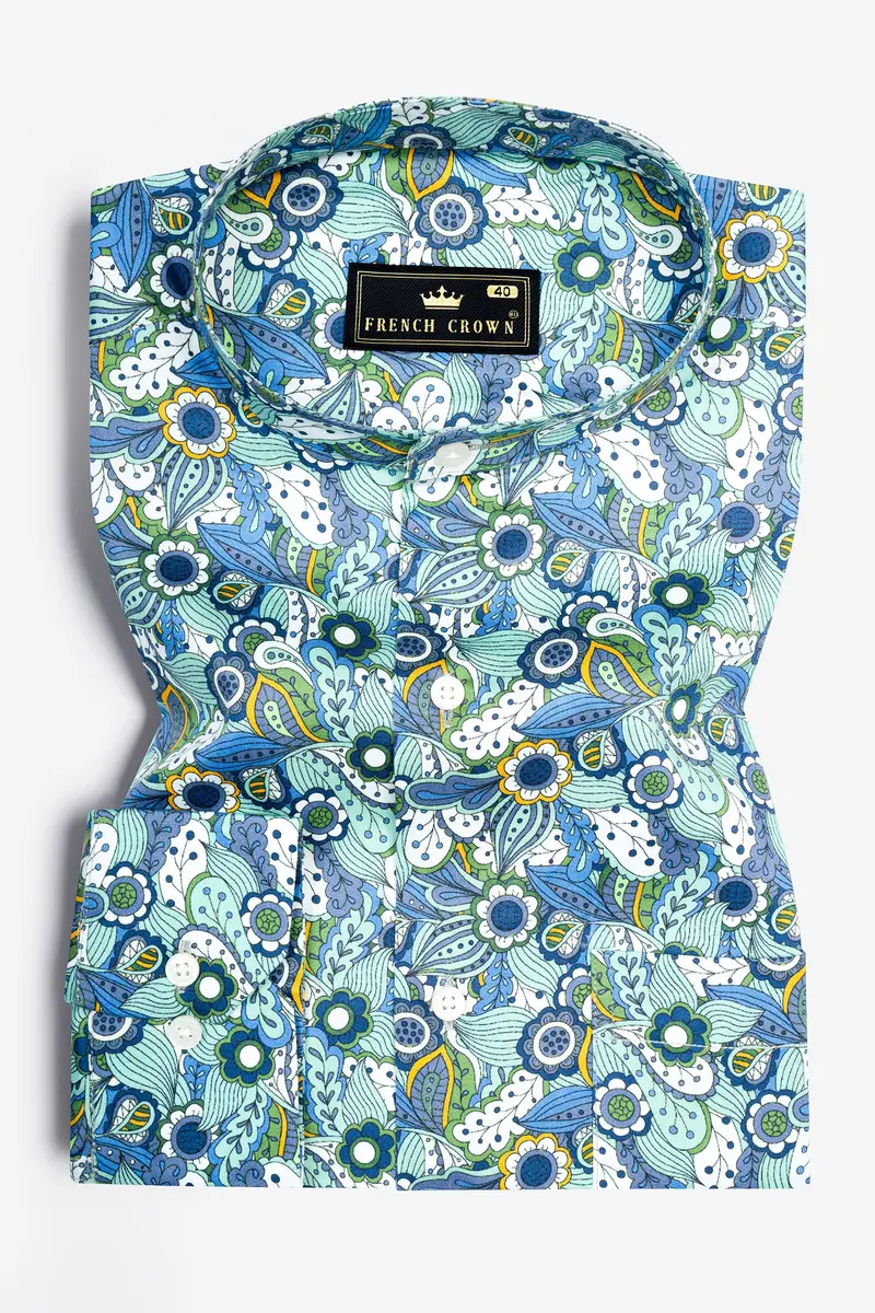 Sinbad Blue Multicolor Floral Printed Subtle Sheen Super Soft Premium Cotton Shirt 3