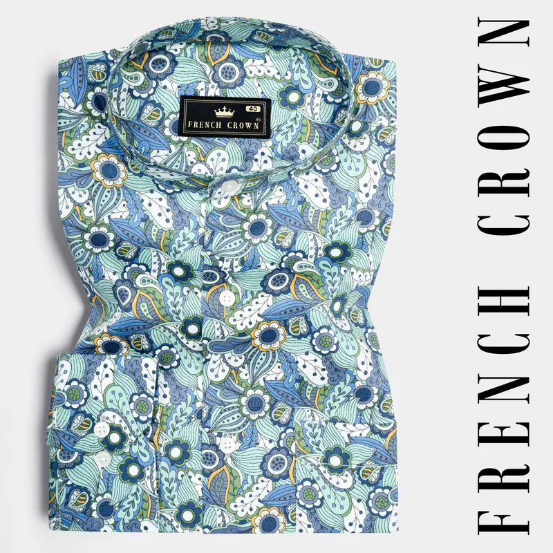 Sinbad Blue Multicolor Floral Printed Subtle Sheen Super Soft Premium Cotton Shirt 6