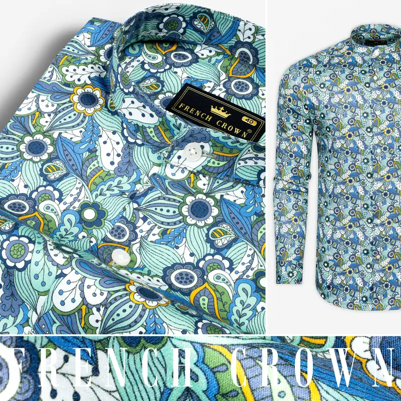 Sinbad Blue Multicolor Floral Printed Subtle Sheen Super Soft Premium Cotton Shirt 9