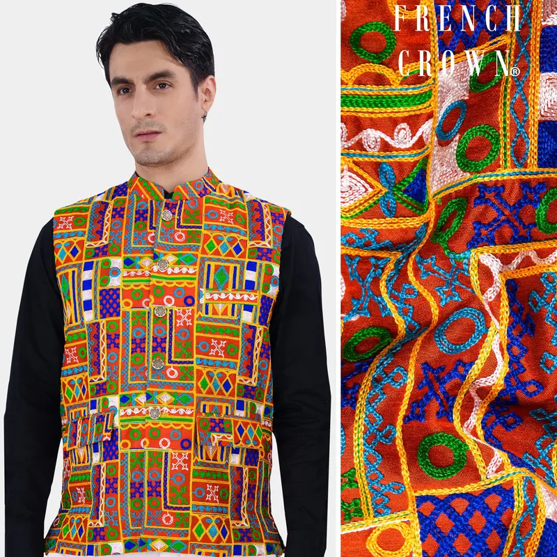 Sinopia Red With Smalt Blue And Peel Orange Cotton Thread Embroidered Nehru Jacket 1