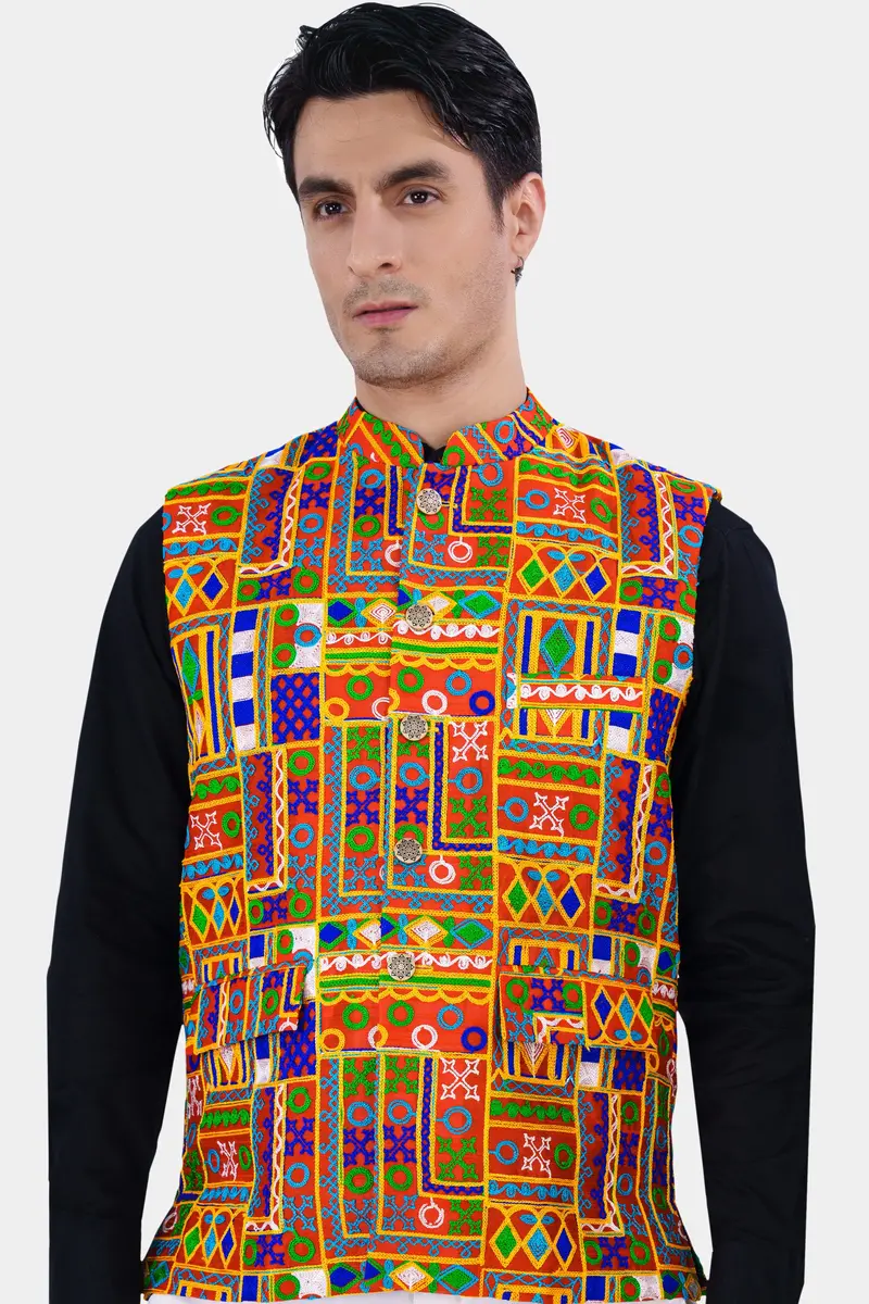 Sinopia Red With Smalt Blue And Peel Orange Cotton Thread Embroidered Nehru Jacket 2