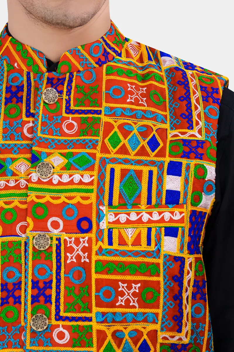 Sinopia Red With Smalt Blue And Peel Orange Cotton Thread Embroidered Nehru Jacket 4