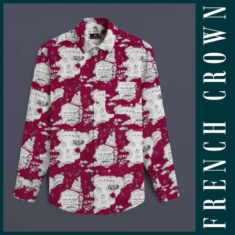 Siren Maroon And Antique Cream Map Printed Subtle Sheen Super Soft Premium Cotton Shirt 1