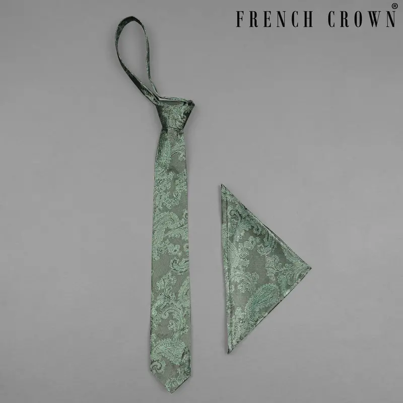 Sirocco Gray And Skeptic Dark Green Two Tone Paisley Jacquard Tie With Pocket Square 1