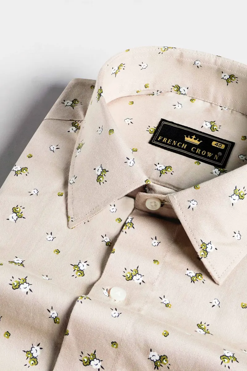 Sisal Beige And Pesto Green Floral Printed Twill Premium Cotton Designer Shirt 1