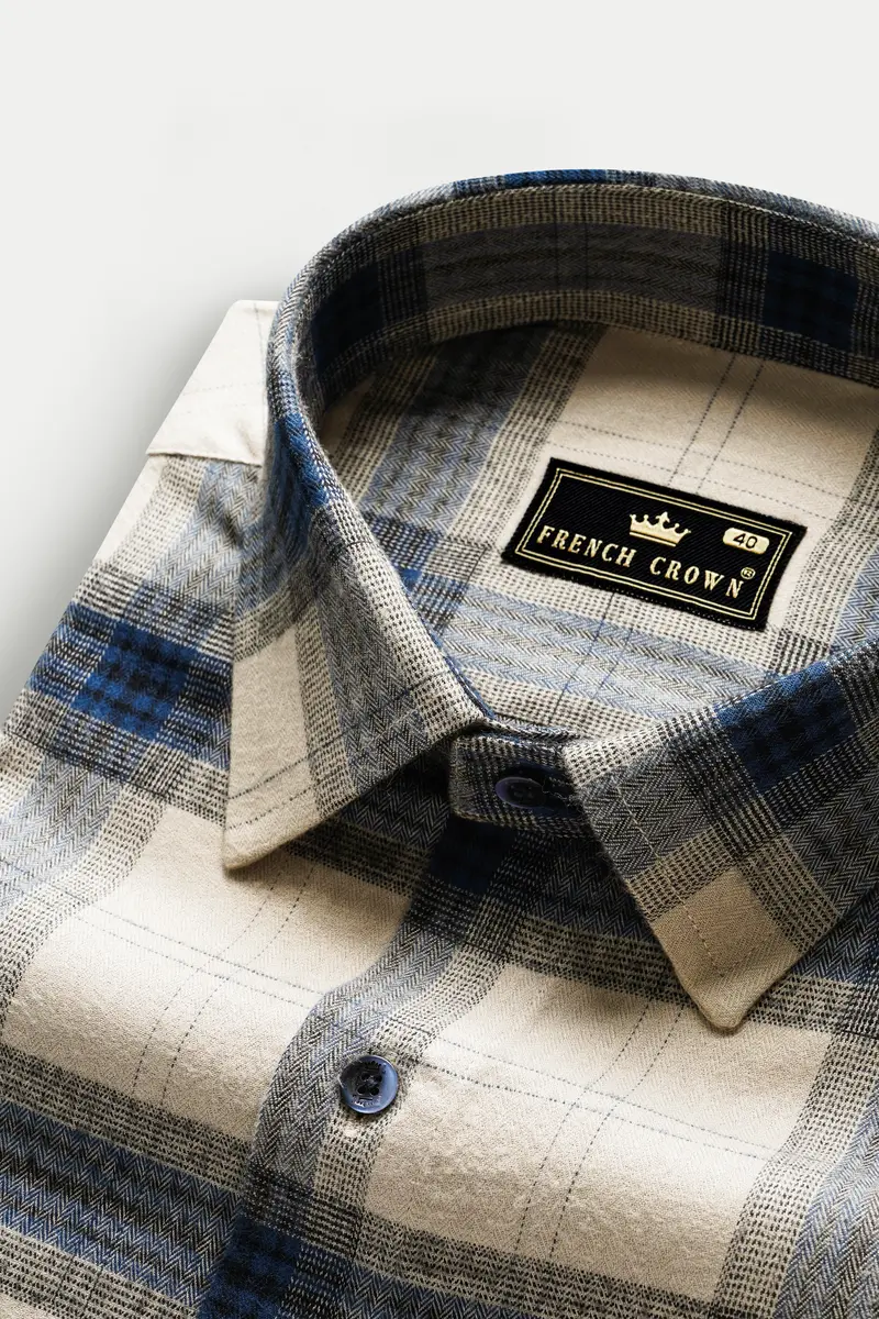 Sisal Cream And Astronaut Blue Plaid Herringbone Pattern Premium Cotton Shirt 1