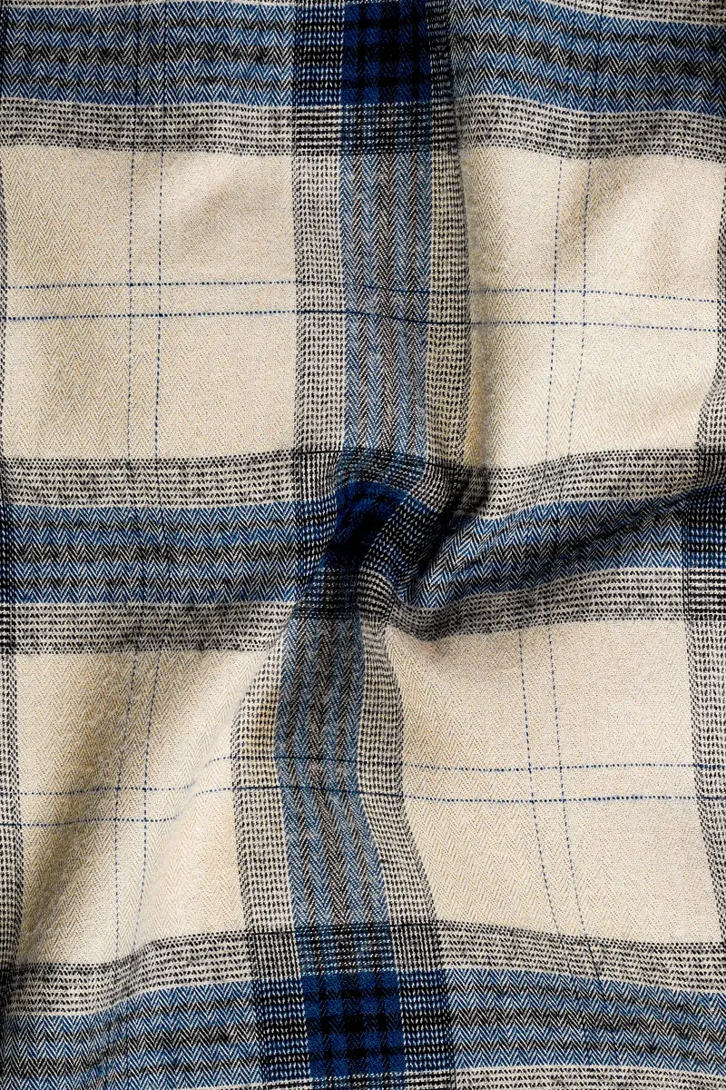 Sisal Cream And Astronaut Blue Plaid Herringbone Pattern Premium Cotton Shirt 2