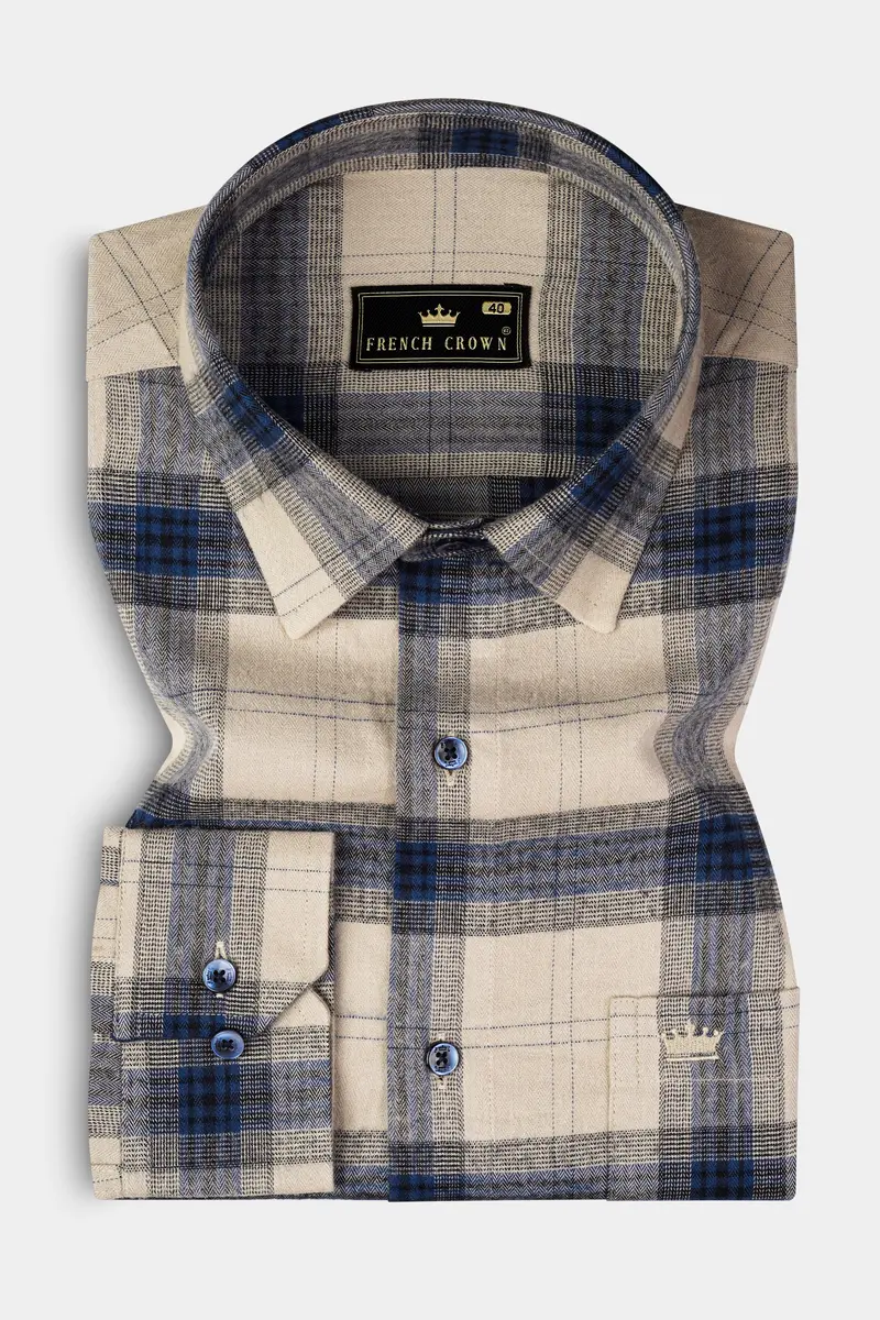 Sisal Cream And Astronaut Blue Plaid Herringbone Pattern Premium Cotton Shirt 3