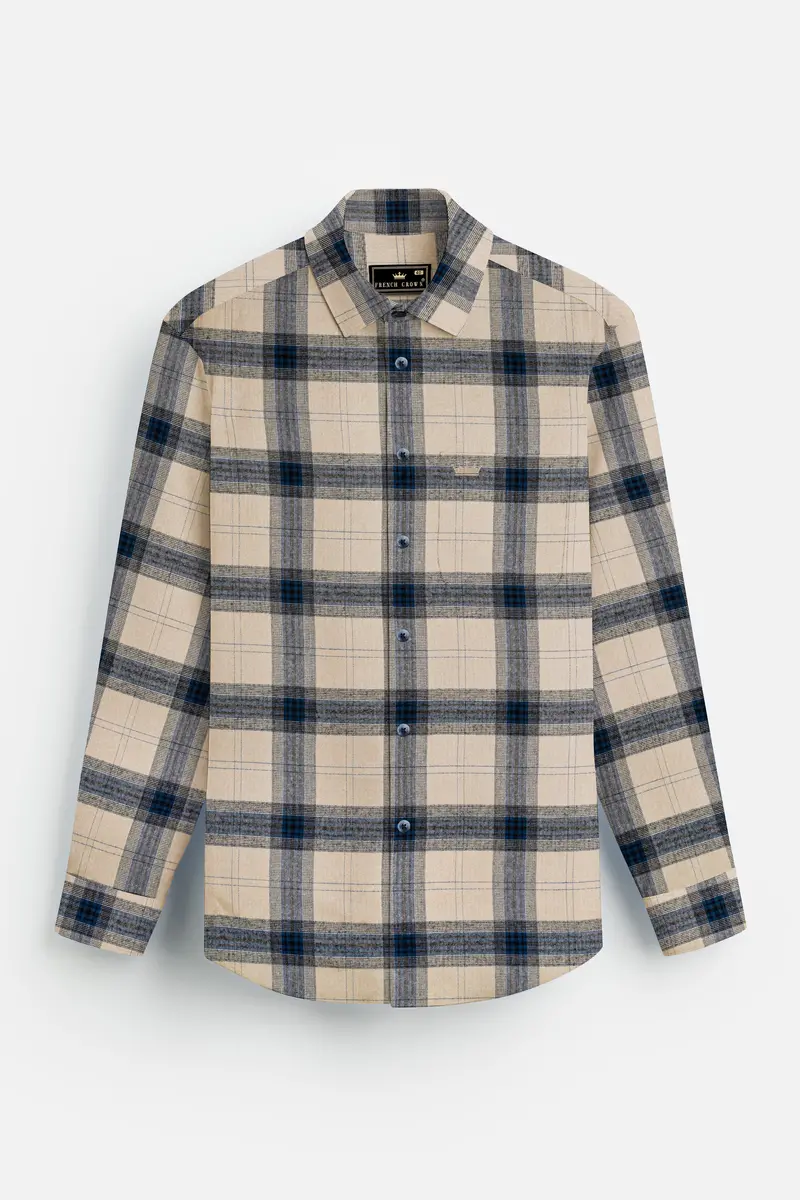 Sisal Cream And Astronaut Blue Plaid Herringbone Pattern Premium Cotton Shirt 4
