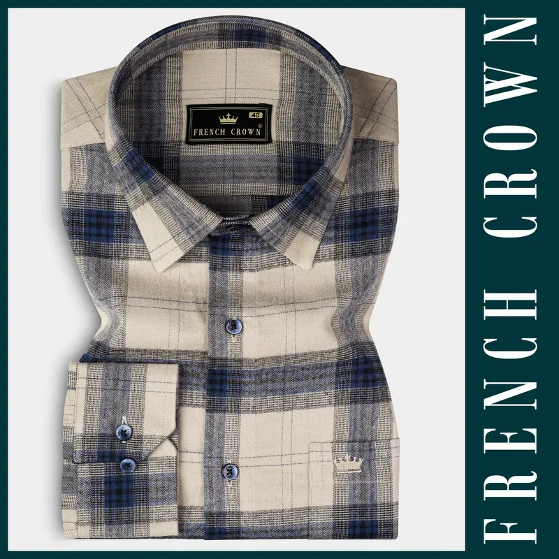 Sisal Cream And Astronaut Blue Plaid Herringbone Pattern Premium Cotton Shirt 6