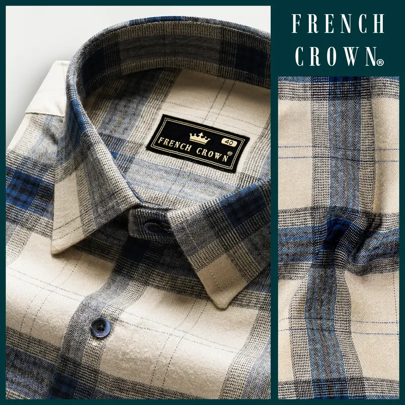 Sisal Cream And Astronaut Blue Plaid Herringbone Pattern Premium Cotton Shirt 9