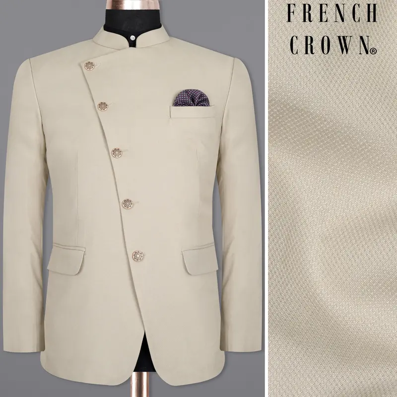 Sisal Cream Cross Placket Wool Rich Bandhgala Blazer 1