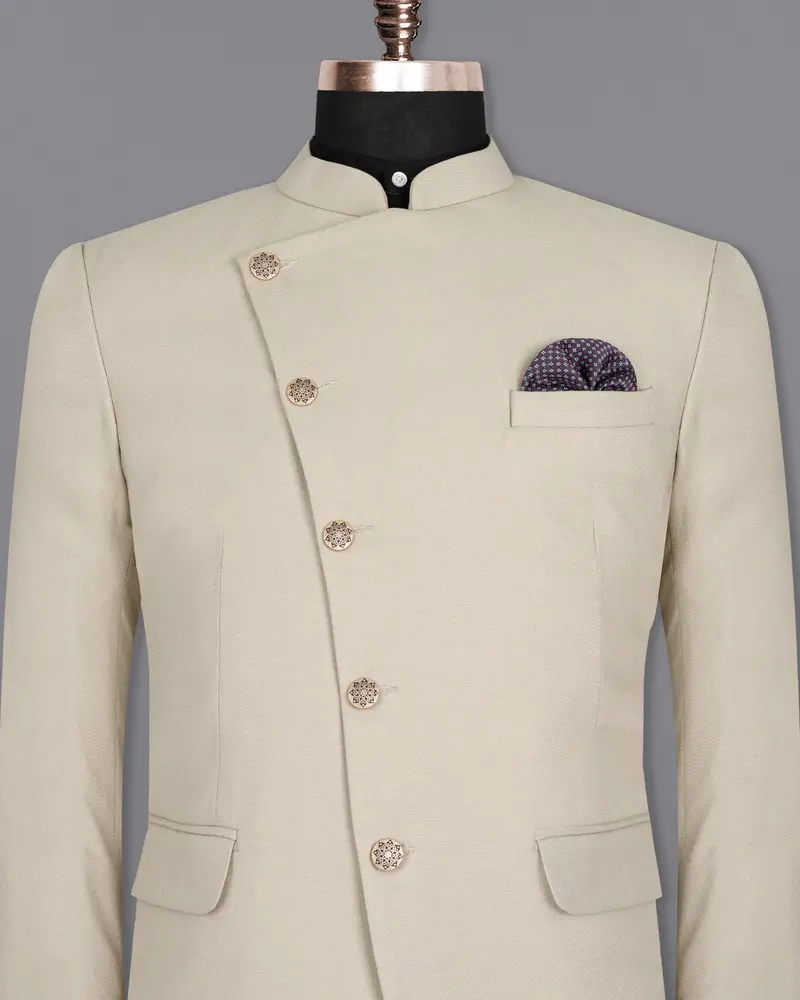 Sisal Cream Cross Placket Wool Rich Bandhgala Blazer 2