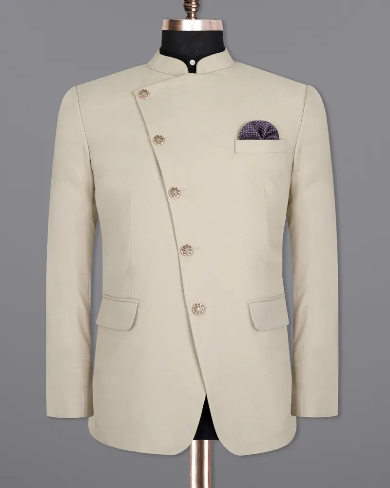 Sisal Cream Cross Placket Wool Rich Bandhgala Blazer 8
