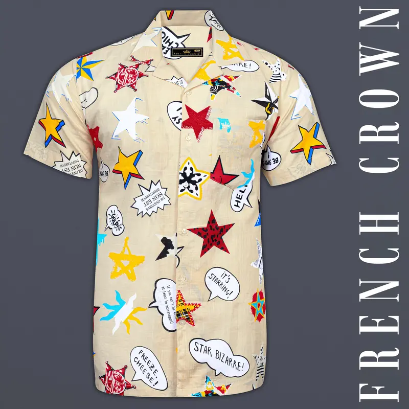 Sisal Cream Retro Printed Chambray Premium Cotton Shirt 1