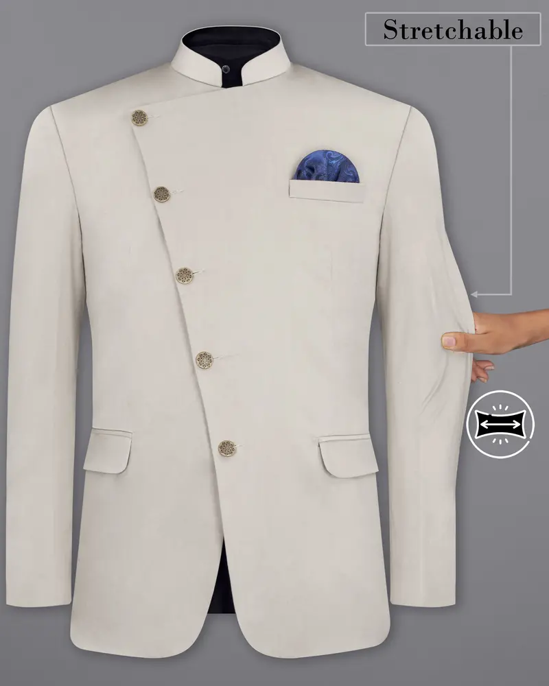 Sisal Light Gray Cross Placket Bandhgala Premium Cotton Stretchable Traveler Blazer 2