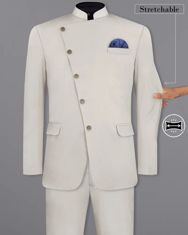 Sisal Light Gray Cross Placket Bandhgala Premium Cotton Stretchable Traveler Suit 2