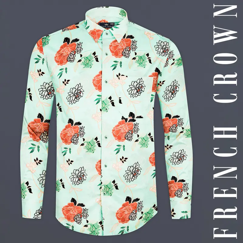 Skeptic Green And Salmon Peach Multicolour Floral Printed Subtle Sheen Super Soft Premium Cotton Shirt 1