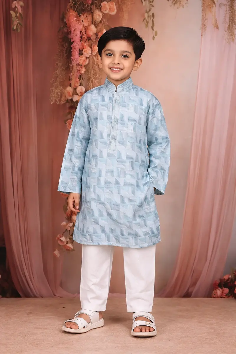 Sky Blue Abstract Woven Design Cotton Kids Kurta Set 1