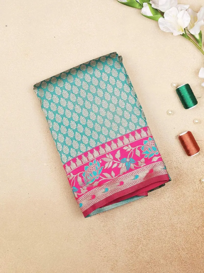 Sky Blue Art Silk Saree With Flower Motifs On The Body With Designed Border 1