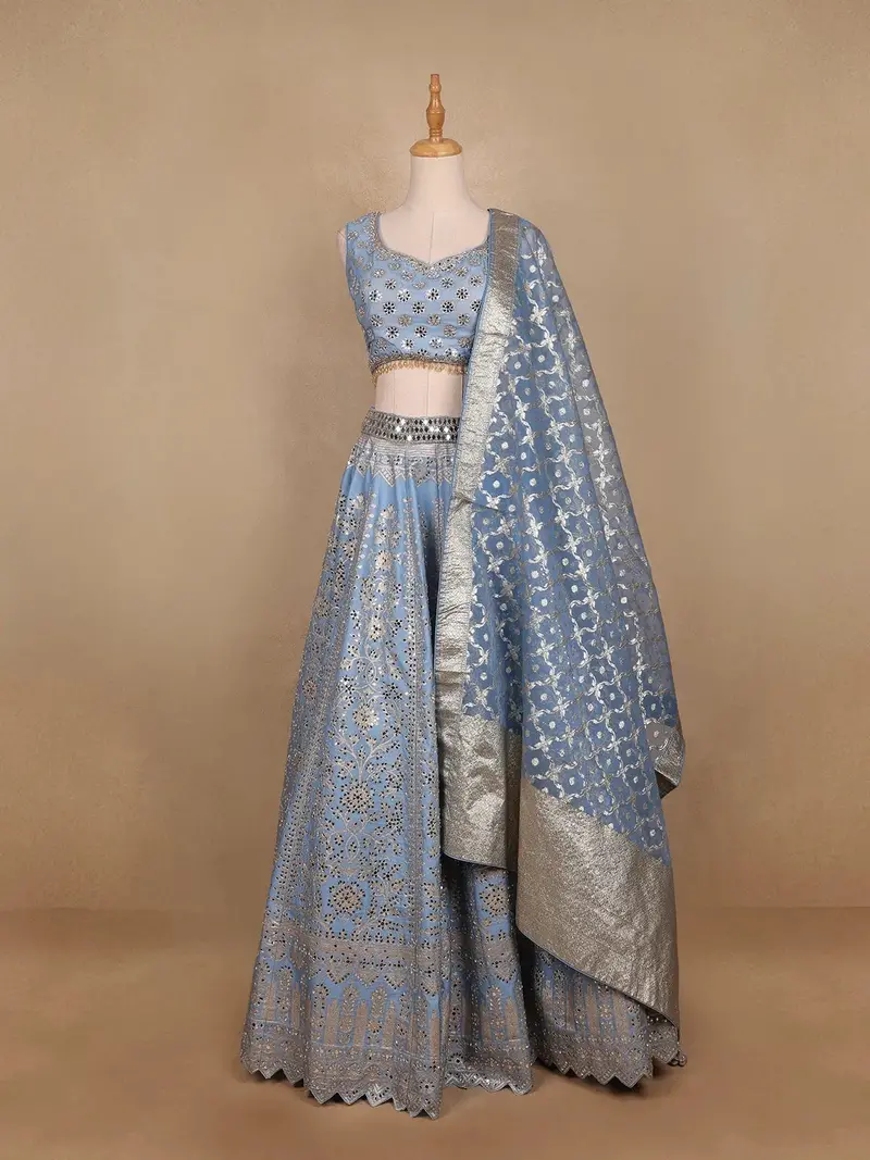 Sky Blue Banarasi Silk Mirror Work Bridesmaids Lehenga 1