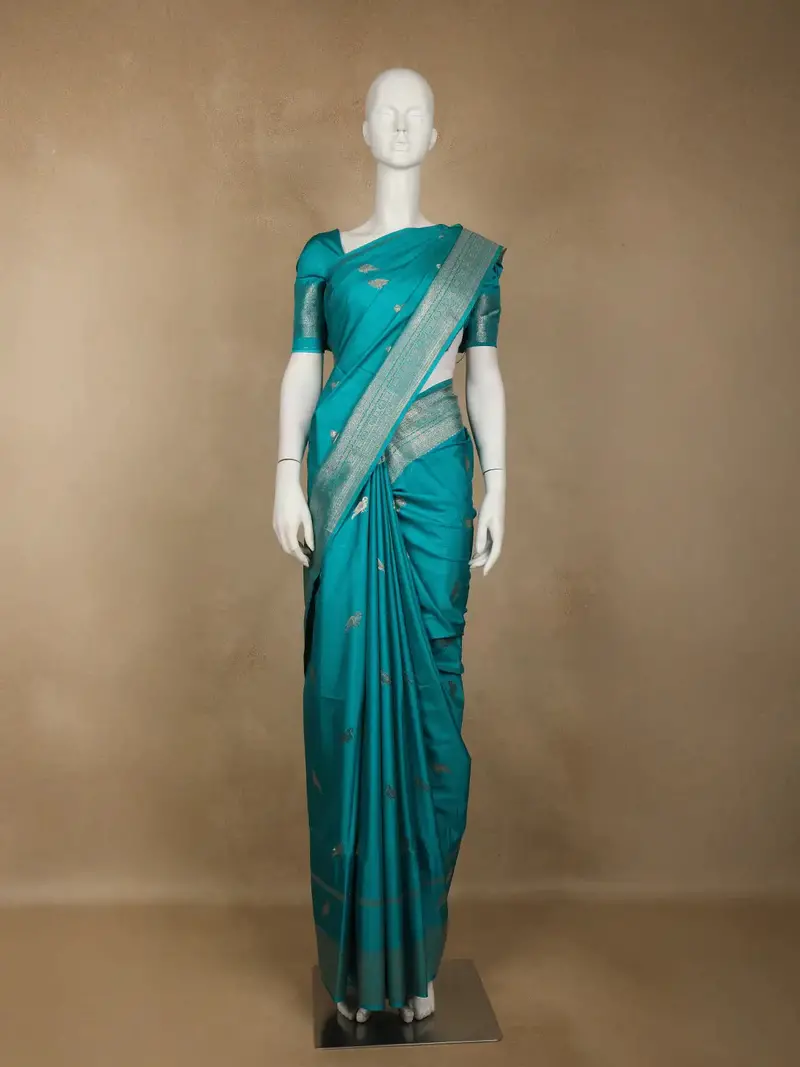 Sky Blue Bird Design Raw Silk Saree 1
